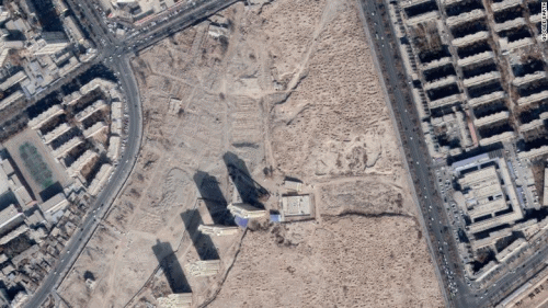 Satellite view of a Uyghur cemetery that was located in downtown Aksu City, Xinjiang. It was destroyed sometime between March and April, 2018. Photo: CNN