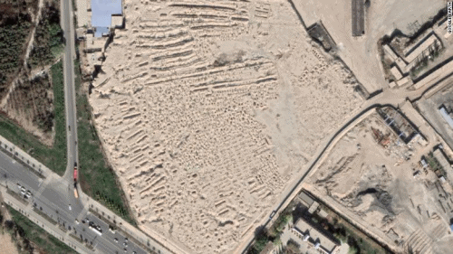 Satellite view of a Uyghur cemetery that was located northwest of the city of Aksu, Xinjiang. It was destroyed and relocated between February and March 2019. Photo: CNN