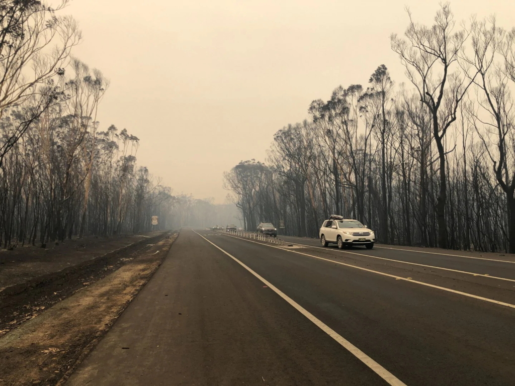 Smoke hangs over burned-out bushland along the Princes Highway near Ulladulla, New South Wales, on Thursday, 2 January 2020. Photo: Heather McNab / AAP / Reuters