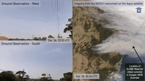 As many fires are still burning in Australia, a regular GLOBE Observer (Glenn Evans in Coogee, New South Wales, about 10 km/6 miles southeast of Sydney), has been taking consistent clouds observations from the same location over the last few weeks, sometimes multiple observations on the same day. In this short video, you can see a compilation of their ground observations in December 2019, facing west and south alongside satellite imagery from the same day taken by the MODIS instrument on the Aqua satellite. Notice the sky coloration when heavy smoke plumes are visible in the satellite image, as well as the days when there is both haze and other types of clouds in the sky. Video: NASA GLOBE Observer
