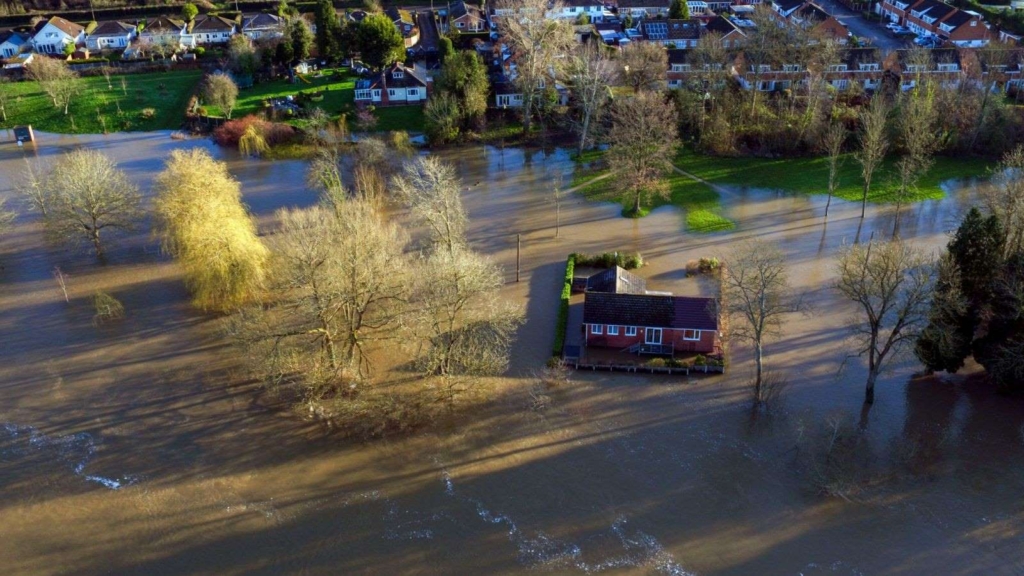 An aerial view shows the extent of flooding in Bewdley in Worcestershire, England on 26 February 2020. Photo: Imagebridge