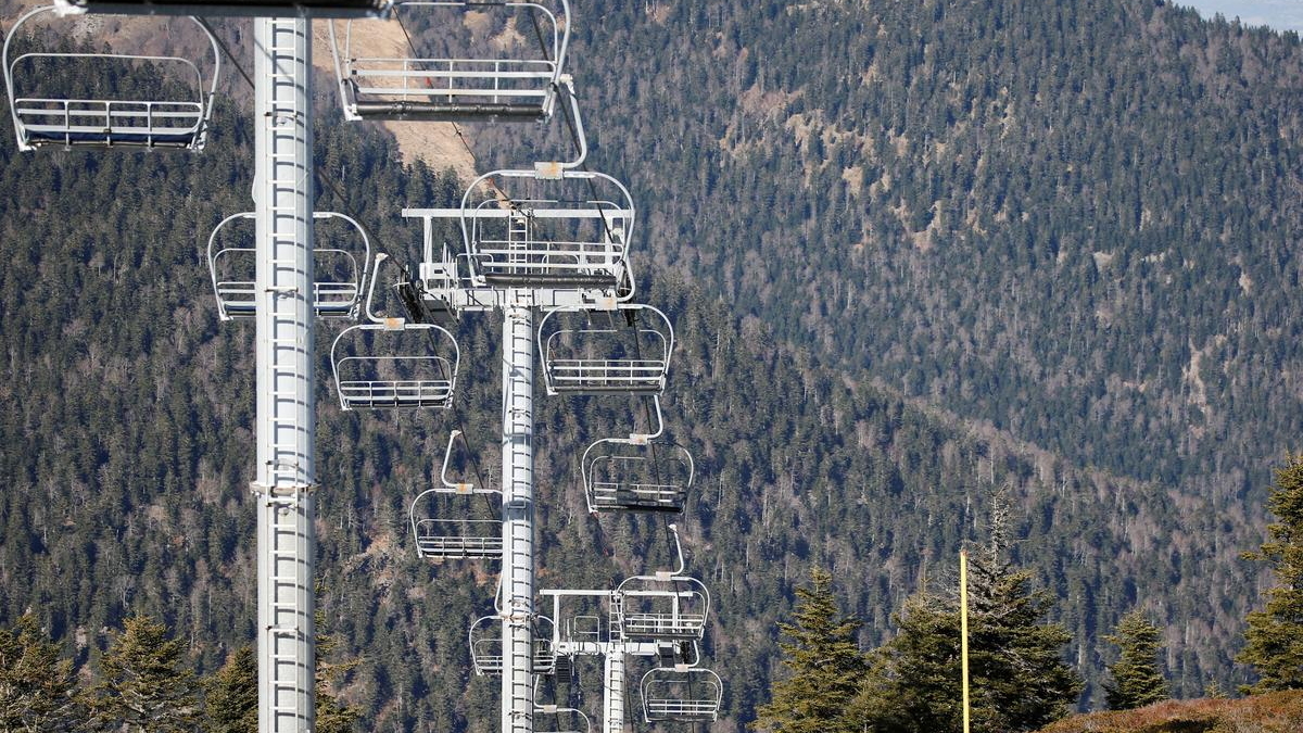 Chairlifts are pictured over ski slopes closed due to lack of snow, at the ski resort of The Mourtis in Boutx, France, 10 February 2020. Photo: Regis Duvignau / REUTERS