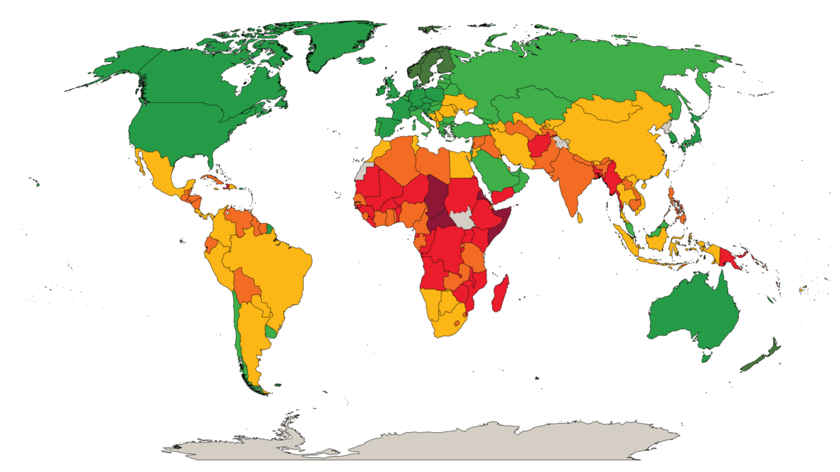 Map showing climate risk by country, 2017. The climate risk of each country is based on its ND-GAIN Index score for 2017. The ND-GAIN Index is a composite measure, with a range of 0-100, of a country’s vulnerability to climate change and its readiness to improve resilience. Vulnerability is quantified by the level of exposure, sensitivity and adaptive capacity of six life-supporting sectors (food, water, health, ecosystem services, human habitat and infrastructure). Readiness measures a country’s ability to realize adaptive actions in the economic, governance and social spheres. Data: University of Notre Dame Global Adaptation Initiative Index (available at https://gain.nd.edu/). Graphic: UNDESA