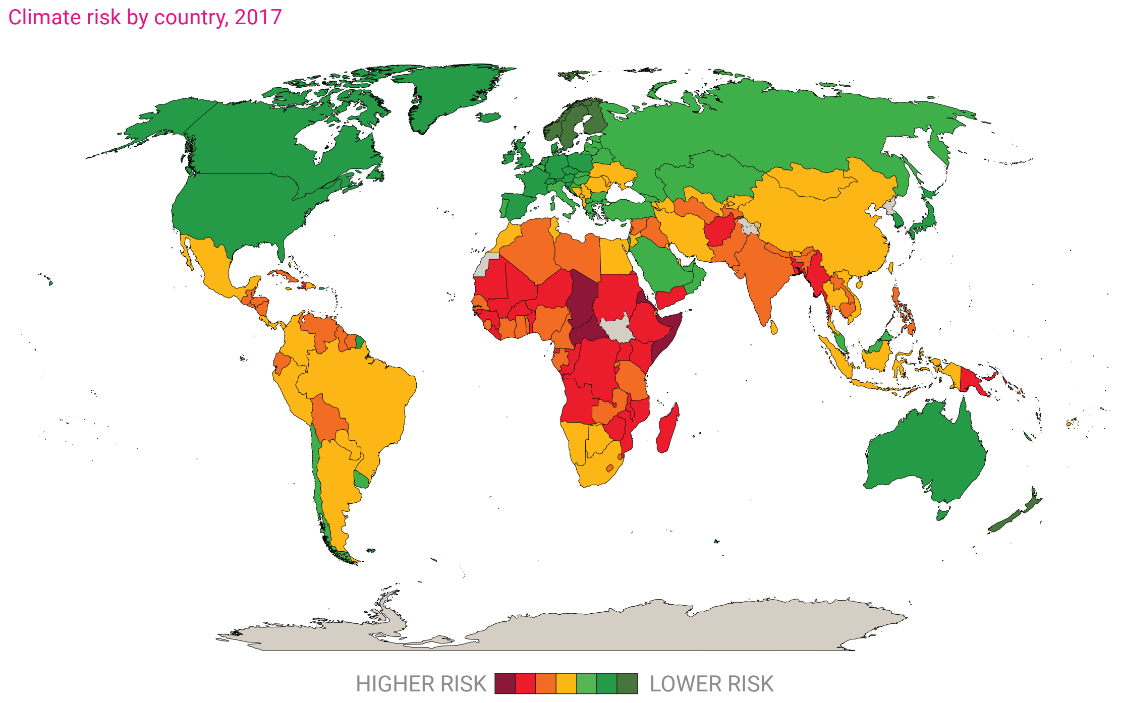 Map showing climate risk by country, 2017. The climate risk of each country is based on its ND-GAIN Index score for 2017. The ND-GAIN Index is a composite measure, with a range of 0-100, of a country’s vulnerability to climate change and its readiness to improve resilience. Vulnerability is quantified by the level of exposure, sensitivity and adaptive capacity of six life-supporting sectors (food, water, health, ecosystem services, human habitat and infrastructure). Readiness measures a country’s ability to realize adaptive actions in the economic, governance and social spheres. Data: University of Notre Dame Global Adaptation Initiative Index (available at https://gain.nd.edu/). Graphic: UNDESA