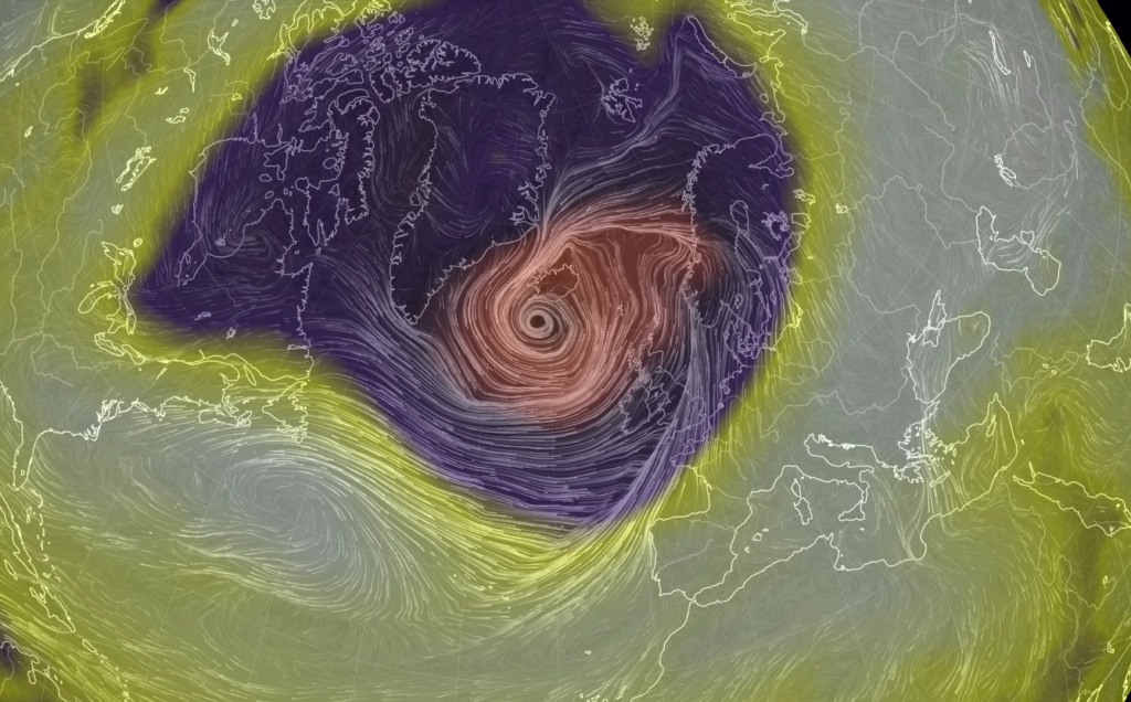 A computer model projection of surface air pressure and wind speeds associated with Storm Dennis in the North Atlantic Ocean, 16 February 2020. Graphic: Earth.nullschool.net