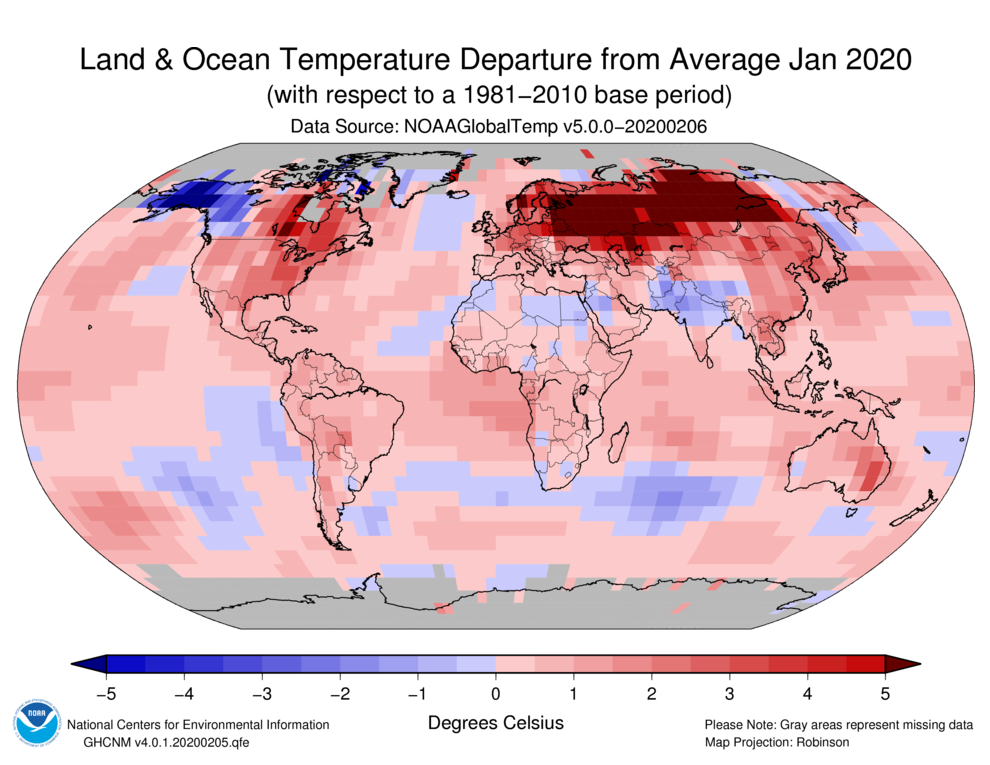 Map showing land and ocean departures from average for January 2020. The January 2020 global land and ocean surface temperature was the highest in the 141-year record at 2.05°F (1.14°C) above the 20th century average of 53.6°F (12.0°C). This value surpassed the previous record set in 2016 by only 0.04°F (0.02°C). Graphic: NOAA / NCEI