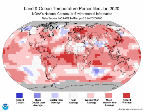 Map showing land and ocean global temperature percentiles and departures from average for January 2020. The January 2020 global land and ocean surface temperature was the highest in the 141-year record at 2.05°F (1.14°C) above the 20th century average of 53.6°F (12.0°C). This value surpassed the previous record set in 2016 by only 0.04°F (0.02°C). Graphic: NOAA / NCEI