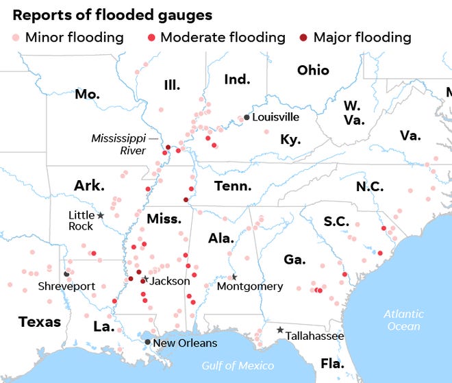 Map showing reports of flood river gauges in the Southern U.S., 17 February 2020. Source: ESRI; NOAA, as of 17 February 2020. Graphic: US NEWS