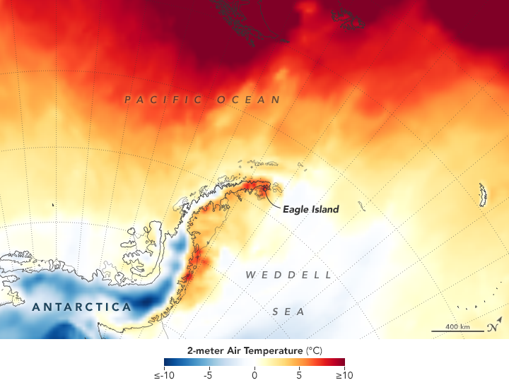 Map showing temperatures across the Antarctic Peninsula on 9 February 2020. The map was derived from the Goddard Earth Observing System (GEOS) model, and represents air temperatures at 2 meters (about 6.5 feet) above the ground. The darkest red areas are where the model shows temperatures surpassing 10°C (50°F). Graphic: Joshua Stevens / NASA Earth Observatory