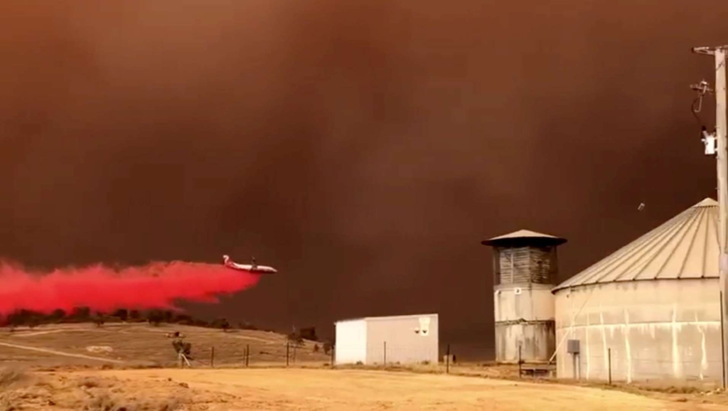 A plane releases fire retardant on a field during bushfires in Queanbeyan, New South Wales, Australia on 1 February 2020. Photo: Camron Anderson / Mannering Park Rural Fire Brigade / Reuters