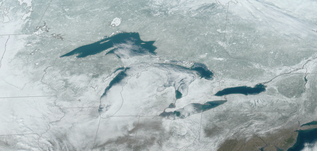 Satellite image of the Great Lakes from NOAA’s GOES-16 satellite on 20 January 2020. What’s missing from the Great Lakes in this image? Ice. Looking through the cloud cover you can see that ice coverage of the Lakes was well below what is expected for this time of the year. Photo: NOAA