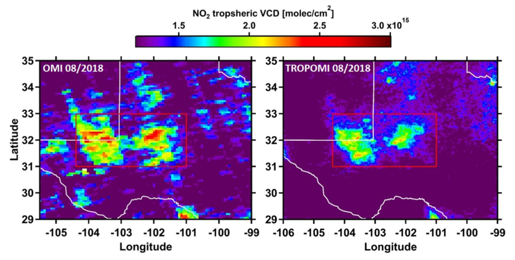 Satellite view of tropospheric NO2 VCDs over the Permian basin for August 2018, seen from the Ozone Monitoring Instrument (OMI) and Tropospheric Monitoring Instrument (TROPOMI) aboard NASA and ESA satellites. OMI has a ground pixel size of 13 x 24 km2 and was gridded onto a 0.07 by 0.07 degrees latitude/longitude grid. TROPOMI has a footprint of 3.5 x 7 km2 and was averaged onto a 0.02 by 0.02 degrees latitude/longitude grid. The increased spatial resolution of the TROPOMI measurements is clearly visible. The red outline denotes the area used for the multivariate regression fits. Graphic: Dix, et al., 2020 / Geophysical Research Letters