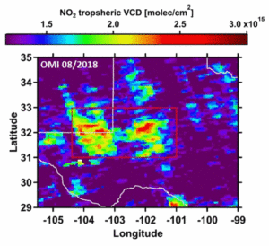 Satellite view of tropospheric NO2 VCDs over the Permian basin for August 2018, seen from the Ozone Monitoring Instrument (OMI) and Tropospheric Monitoring Instrument (TROPOMI) aboard NASA and ESA satellites. OMI has a ground pixel size of 13 x 24 km2 and was gridded onto a 0.07 by 0.07 degrees latitude/longitude grid. TROPOMI has a footprint of 3.5 x 7 km2 and was averaged onto a 0.02 by 0.02 degrees latitude/longitude grid. The increased spatial resolution of the TROPOMI measurements is clearly visible. The red outline denotes the area used for the multivariate regression fits. Graphic: Dix, et al., 2020 / Geophysical Research Letters