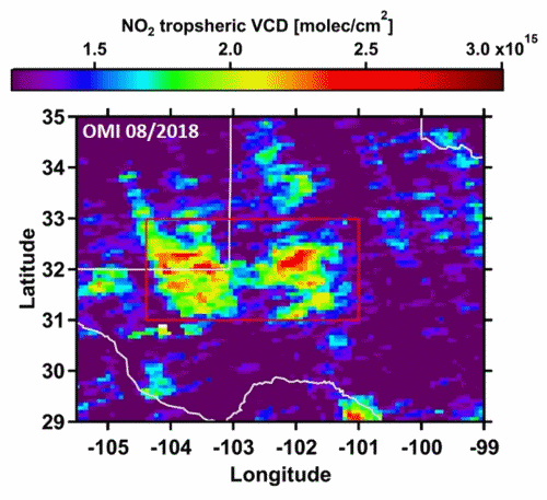 Satellite view of tropospheric NO2 VCDs over the Permian basin for August 2018, seen from the Ozone Monitoring Instrument (OMI) and Tropospheric Monitoring Instrument (TROPOMI) aboard NASA and ESA satellites. OMI has a ground pixel size of 13 x 24 km2 and was gridded onto a 0.07 by 0.07 degrees latitude/longitude grid. TROPOMI has a footprint of 3.5 x 7 km2 and was averaged onto a 0.02 by 0.02 degrees latitude/longitude grid. The increased spatial resolution of the TROPOMI measurements is clearly visible. The red outline denotes the area used for the multivariate regression fits. Graphic: Dix, et al., 2020 / Geophysical Research Letters