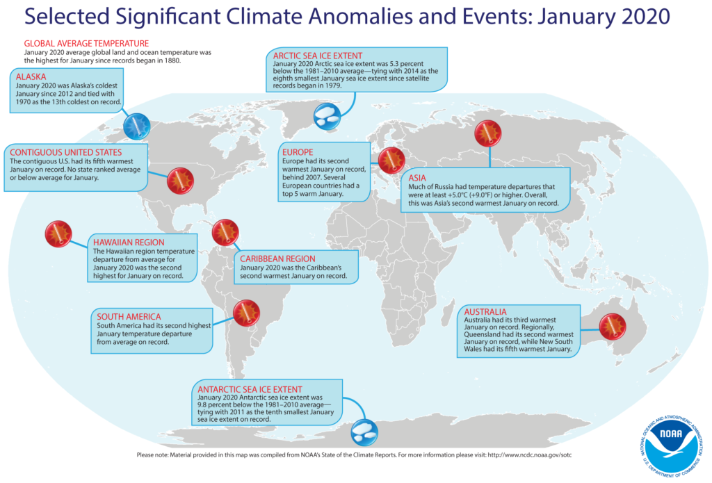 Map showing selected significant climate anomalies and events in January 2020. Graphic: NOAA / NCEI