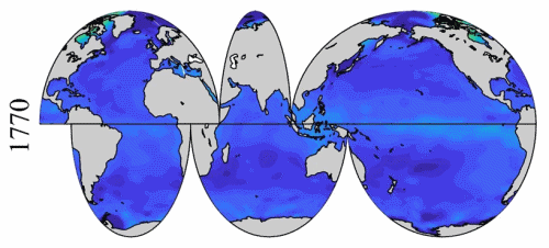 Spatial distribution of global surface ocean pHT (total hydrogen scale, annually averaged) in past (1770), present (2000) and future (2100) under the IPCC RCP8.5 scenario. Graphic: Jiang, et al., 2020 / Nature Scientific Reports