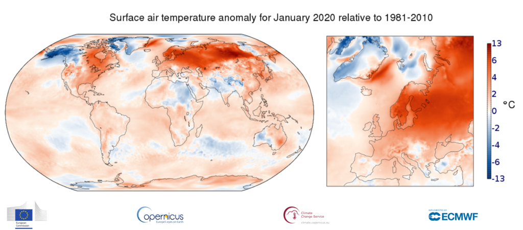 Surface air temperature anomaly for January 2020 relative to the January average for the period 1981-2010. Data: ERA5. Graphic: Copernicus Climate Change Service / ECMWF