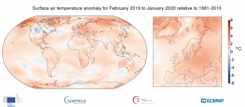 Surface air temperature anomaly for January 2020 relative to the January average for the period 1981-2010. Data: ERA5. Graphic: Copernicus Climate Change Service / ECMWF