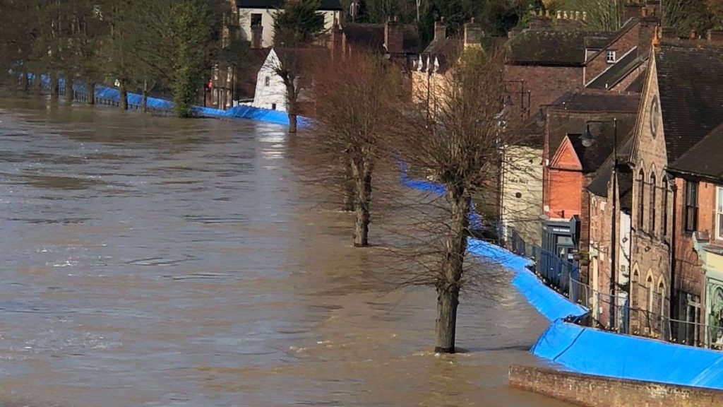 Temporary flood barriers in Ironbridge in Shropshire, England were breached on the night of 25 February 2020. Photo: ClrrShaunDavies / Sky News