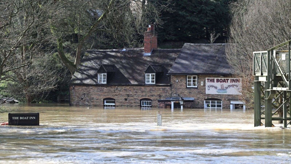 The Boat Inn in Jackfield near Ironbridge, Shropshire, England is flooded on 26 February 2020. Photo: PA