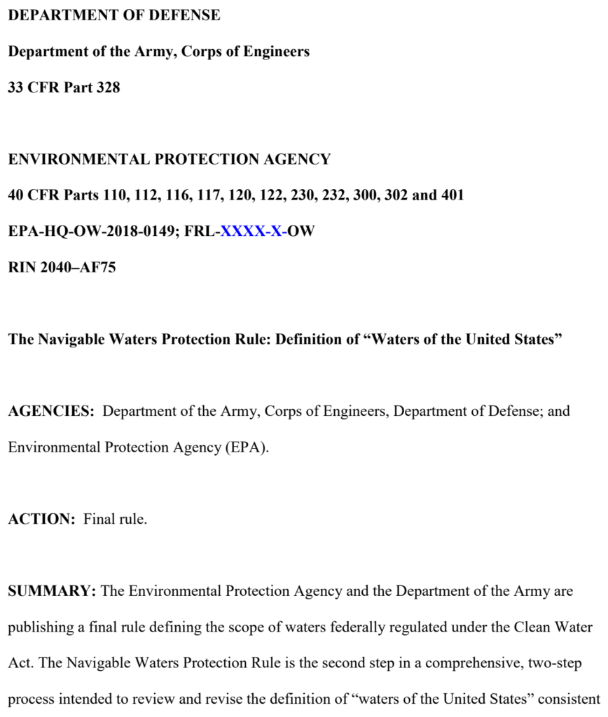 Screenshot of the title page of The Navigable Waters Protection Rule: Definition of Waters of the United States - pre-publication version (PDF). Graphic: Department of the Army, Corps of Engineers