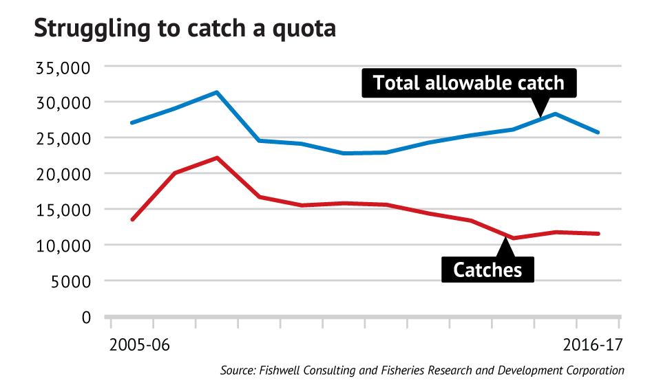 Total catches and total allowable catch around in the Southern Ocean, 2005-2017. Data: Fishwell Consulting and Fisheries Research and Development Corporation. Graphic: The Sydney Morning Herald