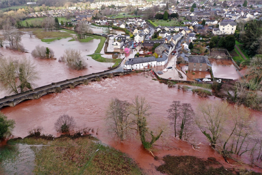 Aerial view of the Usk River overflowing into the village of Crickhowell, Wales, on Sunday, 16 February 2020. Photo: Christopher Furlong / Getty Images