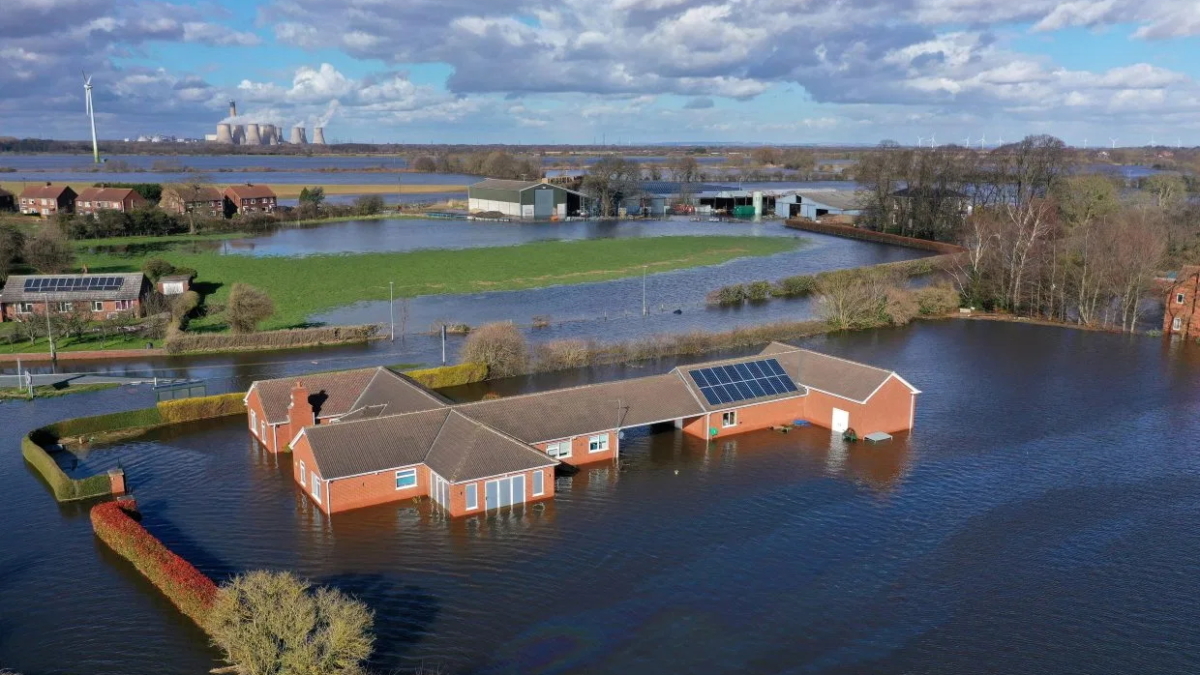 Aerial view of a house in the East Yorkshire town of Snaith that been devastated by flooding in February 2020. Photo: Getty Images