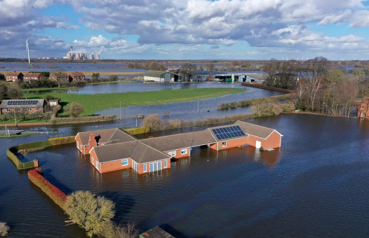 Aerial view of a house in the East Yorkshire town of Snaith that been devastated by flooding in February 2020. Photo: Getty Images