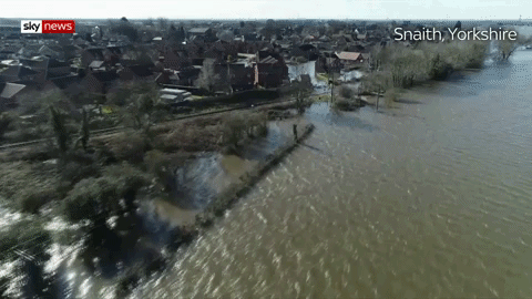 Aerial view of flooding in Snaith, Yorkshire, UK, 1 March 2020. Video: Sky News