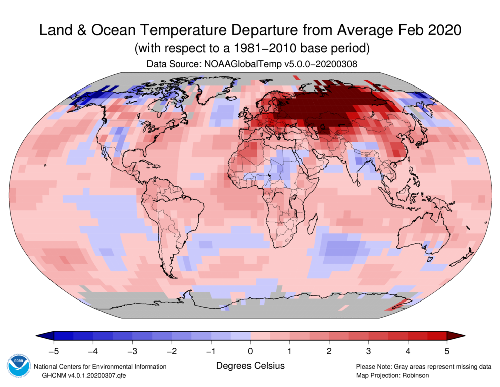 Blended land and sea surface temperature anomalies in degrees Celsius, February 2020. Graphic: NOAA / NCEI