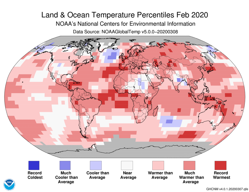 Blended land and sea surface temperature percentiles, February 2020. Graphic: NOAA / NCEI
