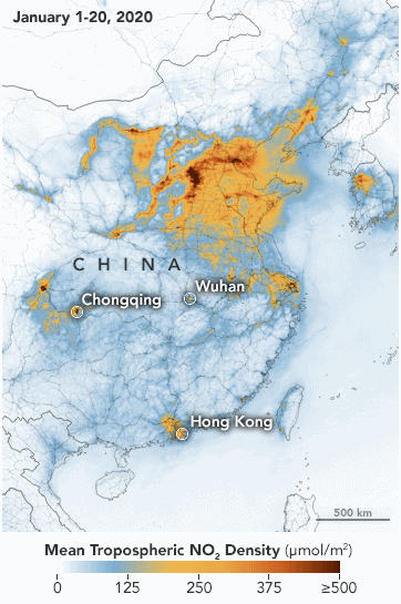 These maps show nitrogen dioxide (NO2) values across China from 1 January 2020 to 20 January 2020 (before the quarantine) and 10 February 2020 to 25 February 2020 (during the quarantine). The data were collected by the Tropospheric Monitoring Instrument (TROPOMI) on ESA’s Sentinel-5 satellite. A related sensor, the Ozone Monitoring Instrument (OMI) on NASA’s Aura satellite, has been making similar measurements. Graphic: Joshua Stevens / NASA Earth Observatory