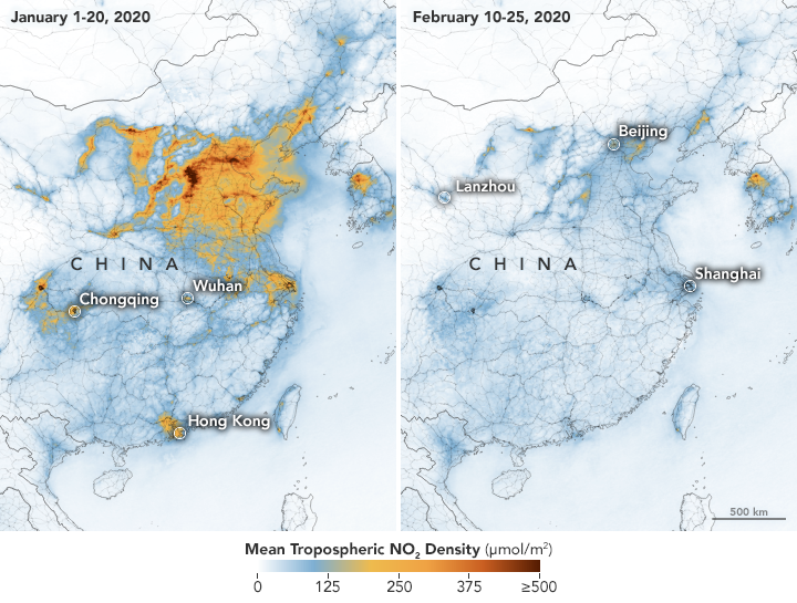 These maps show nitrogen dioxide (NO2) values across China from 1 January 2020 to 20 January 2020 (before the quarantine) and 10 February 2020 to 25 February 2020 (during the quarantine). The data were collected by the Tropospheric Monitoring Instrument (TROPOMI) on ESA’s Sentinel-5 satellite. A related sensor, the Ozone Monitoring Instrument (OMI) on NASA’s Aura satellite, has been making similar measurements. Graphic:  Joshua Stevens / NASA Earth Observatory