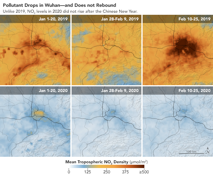 These maps show NO2 values in China over three periods in 2020: 1-20 January 2020 (before Lunar New Year), 28 January 2020 - 9 February 2020 (around New Year celebrations), and 10-25 February 2020 (after the event). The 2020 values are compared to the same periods in 2019 for reference. The overall values in 2020 were lower than 2019 due to new environmental regulations that China has enforced over the past few years. Graphic: Joshua Stevens / NASA Earth Observatory