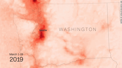 Satellite view of airborne nitrogen dioxide pollution over Washington State in March 2020, compared with March 2019. Pollution is visibly reduced by the cessation of economic activity caused by the COVID-19 pandemic. Data: Descartes Labs / Sentinel-5P satellite. Graphic: CNN