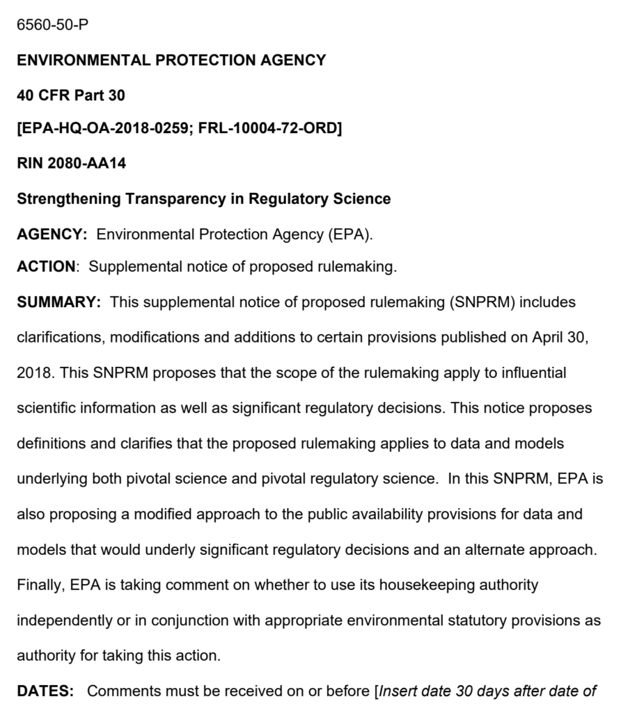 Screenshot of the E.P.A. notice, “Strengthening Transparency in Regulatory Science”, made public on 3 March 2020. The rules change is designed to remove science from policy decisions, as part of Trump’s attack on science in government. Graphic: E.P.A.