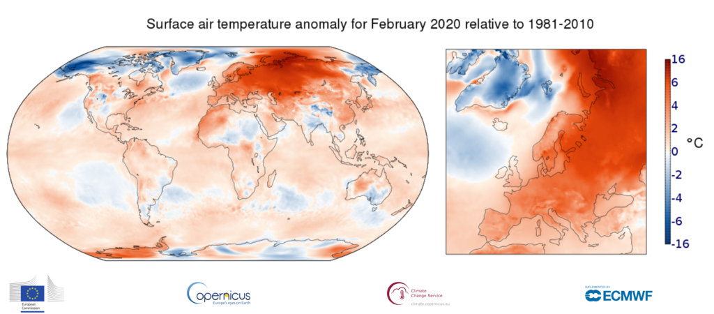 Surface air temperature anomaly for February 2020 relative to the February average for the period 1981-2010. Data: ERA5. Graphic: Copernicus Climate Change Service / ECMWF