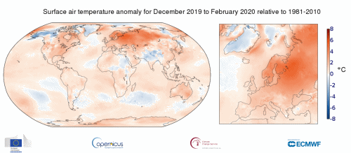 Surface air temperature anomaly for February 2020 relative to the average for the period 1981-2010. Data: ERA5. Graphic: Copernicus Climate Change Service / ECMWF