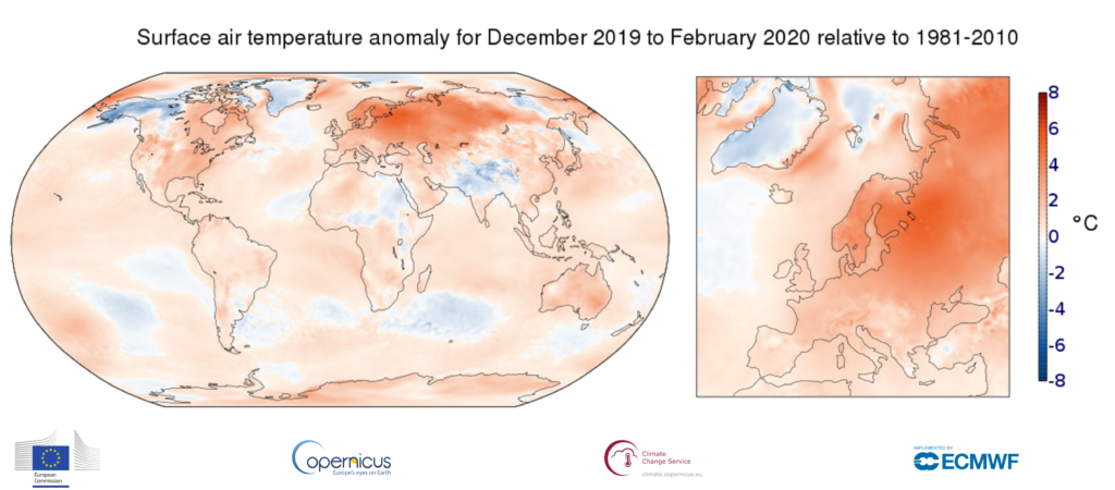 Surface air temperature anomaly for the boreal winter from December 2019 to February 2020 relative to the average for 1981-2010. Data: ERA5. Graphic:  Copernicus Climate Change Service / ECMWF