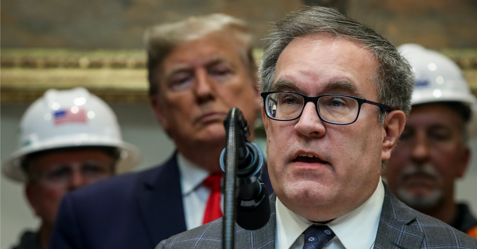 Trump looks on as EPA administrator Andrew Wheeler, a former coal lobbyist, speaks during an event in the Roosevelt Room of the White House on 9 January 2020 in Washington, D.C. Photo: Drew Angerer / Getty Images