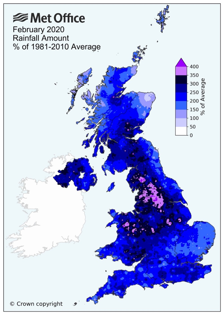 February 2020 rainfall in the UK as a percentage of the 1981-2010 average, 2 March 2020. Graphic: Met Office