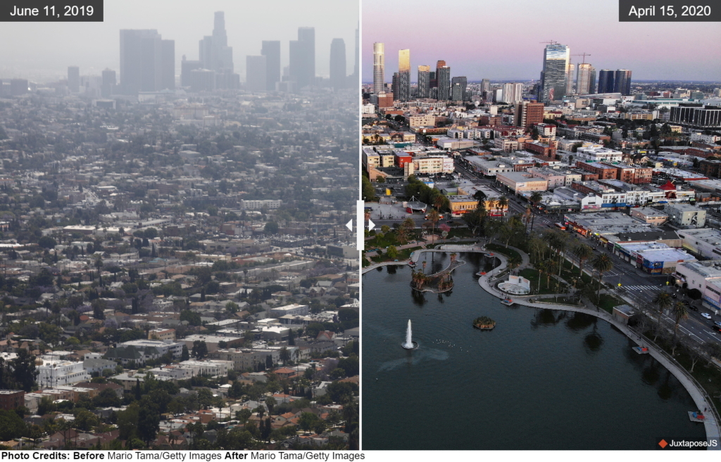 Aerial view of downtown Los Angeles on 11 June 2019 and 15 April 2020. In April 2020, typically smoggy Los Angeles had the cleanest air of any major city on Earth, according to IQAir, a tech company that tracks global air quality. Photo: Mario Tama / Getty Images