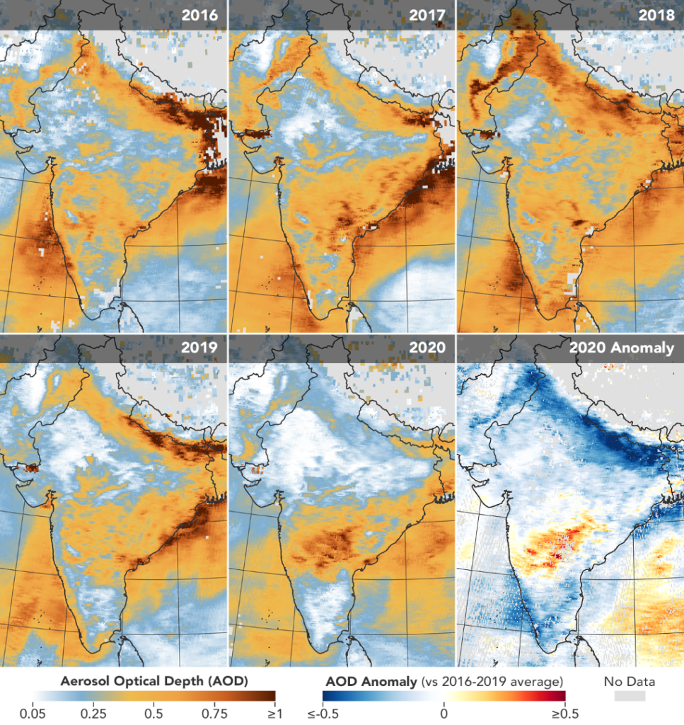 Map showing aerosol levels above India for the period 31 March and 5 April in every year between 2016 and 2020. Graphic: NASA