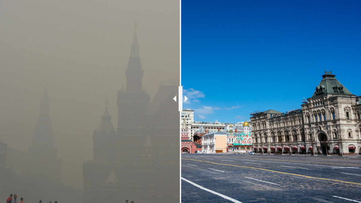 View of air pollution in Moscow, Russia on 6 August 2010 and 20 April 2020. Photo: Natalia Kolesnikova / Niklas Halle'n / AFP / Getty Images