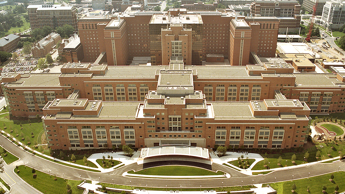 Aerial view of the Clinical Research Center of the National Institutes of Health. Photo: NIH