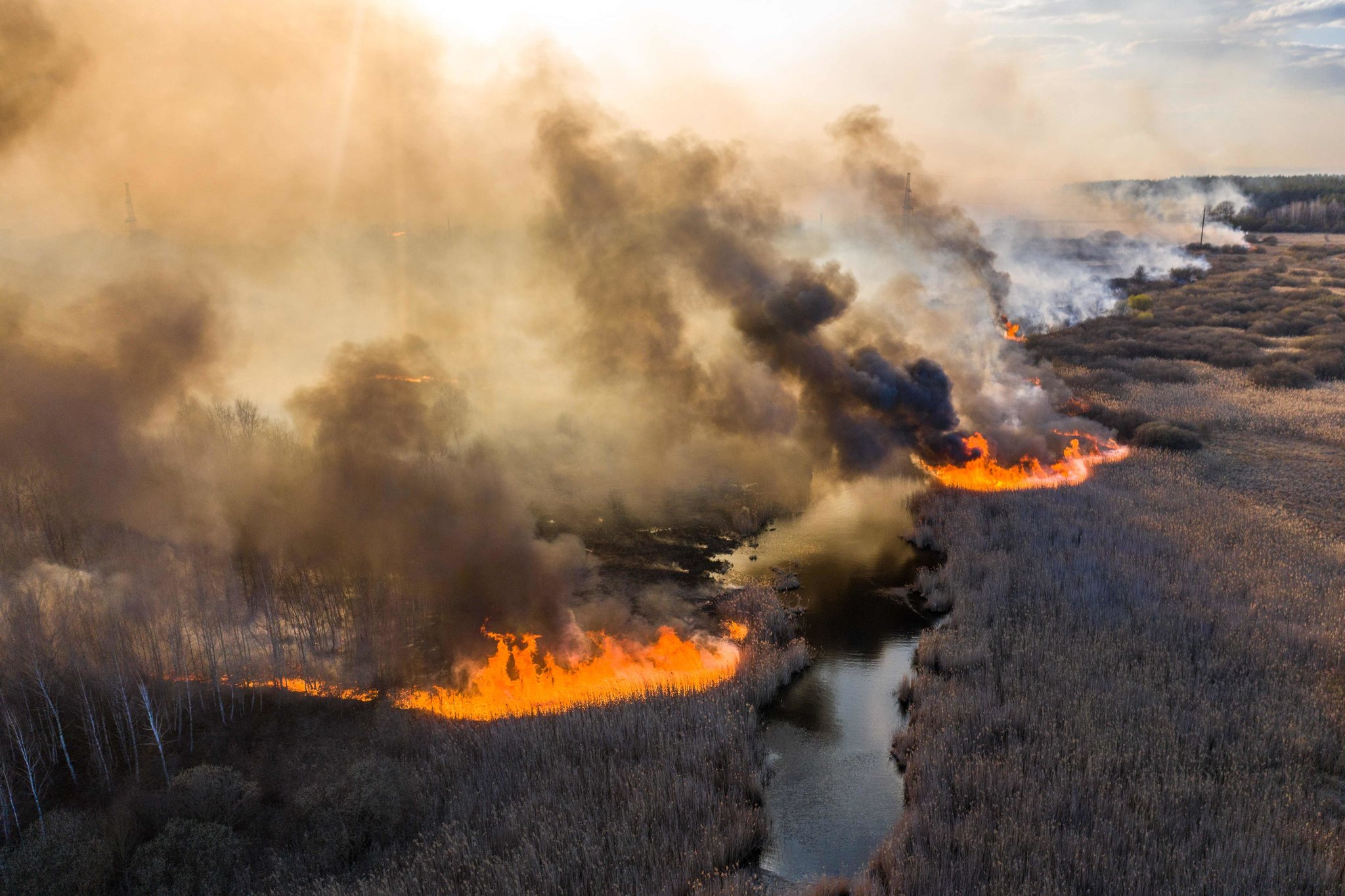 Aerial view of a field fire burning on 10 April 2020 in the Chernobyl Exclusion Zone in Ukraine. Photo: Volodymyr Shuvayev / Agence France-Presse / Getty Images