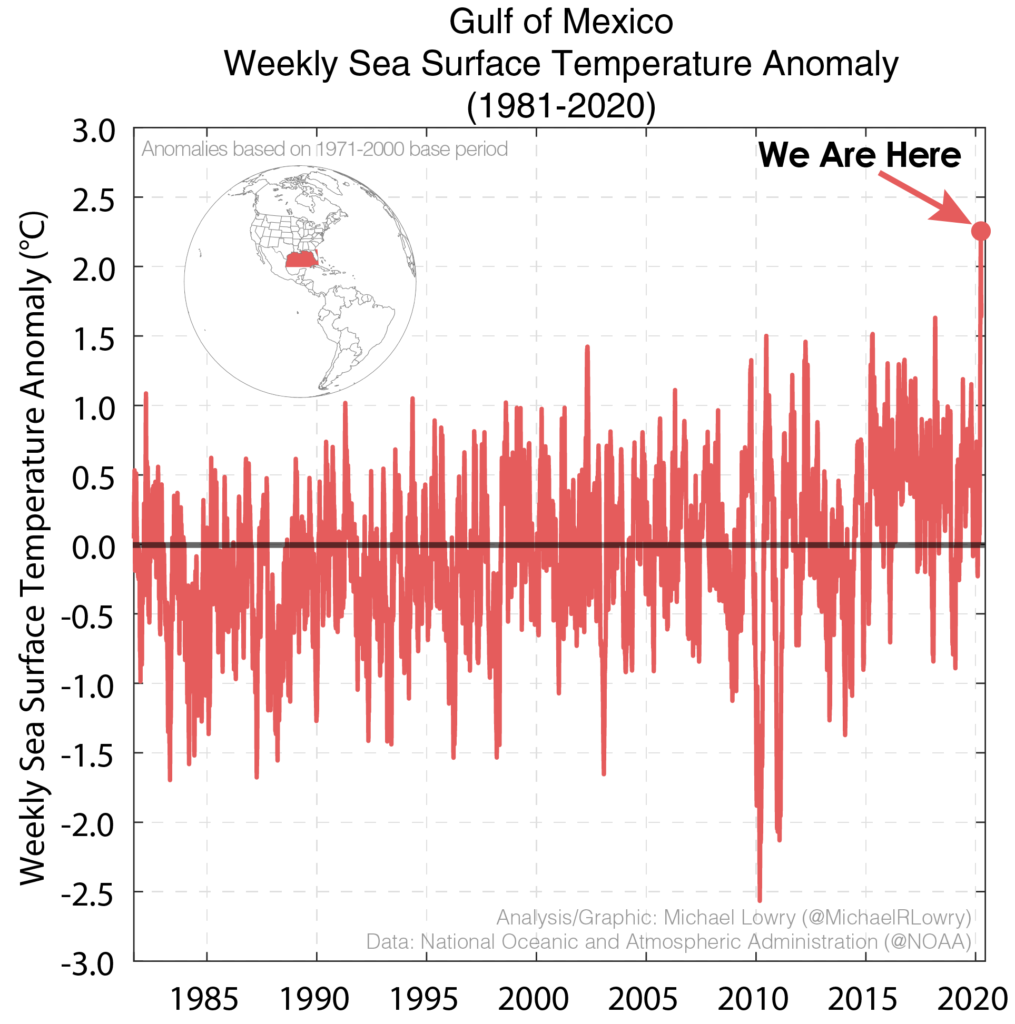Gulf of Mexico weekly surface temperature anomaly, 1981 - 11 April 2020. Data: NOAA. Graphic: Michael Lowry