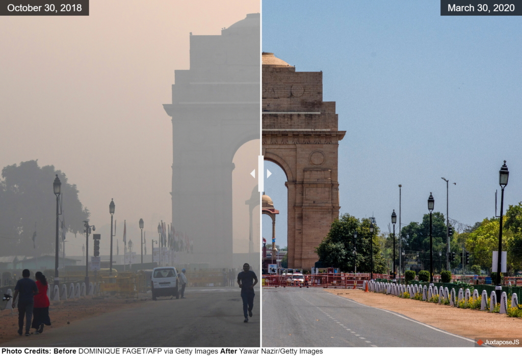 The India Gate in New Delhi, India on 30 October 2018 and 30 March 2020. Photo: Dominique Faget / AFP / Yawar Nazir / Getty Images
