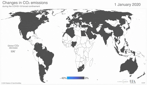 Map showing change in global daily fossil CO2 emissions, 1 January 2020 - 20 May 2020 Video: Le Quéré, et al., 2020 / Nature Climate Change